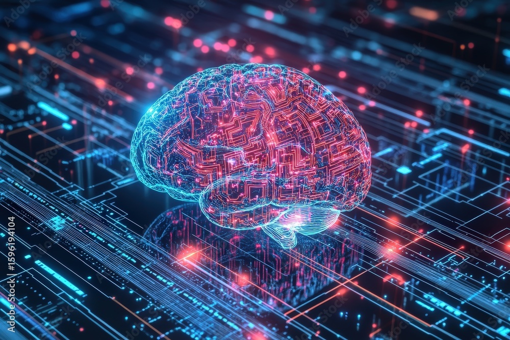 Fototapeta premium Digital representation of a brain overlaid on a circuit board.