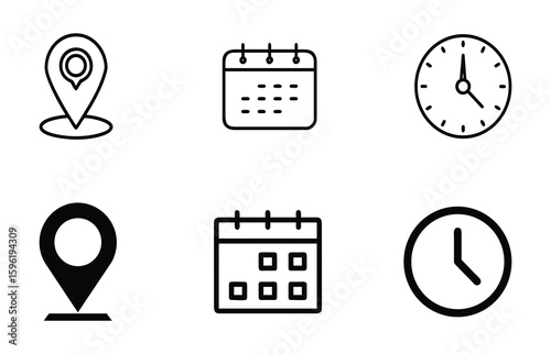 A collection of minimalist icons showing time, date, and address in both outline and filled styles, ideal for use in calendars, schedules, event pages, maps, and web interfaces.