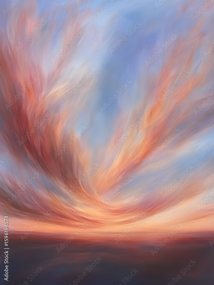 Fototapeta premium A beautiful sunset featuring wispy clouds painted with shades of orange pink and blue over a dark horizon