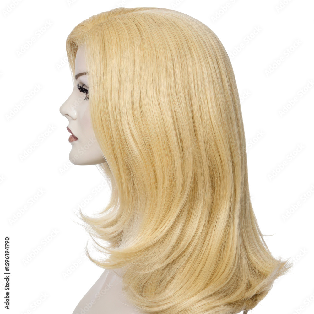 Naklejka premium Blonde wig displayed on a mannequin against a white background for clear visibility and isolation