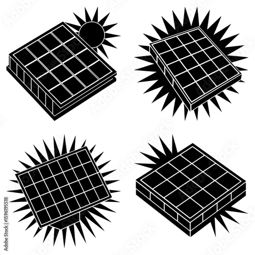 Four solar panel illustrations with sun rays in black and white isometric view renewable energy concept