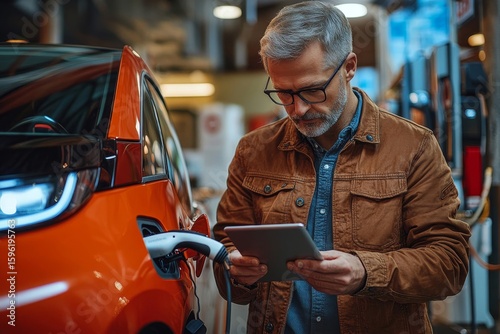 Businessman using a tablet while charging his car at an electric vehicle charging station, promoting efficient and sustainable transportation, Generative AI