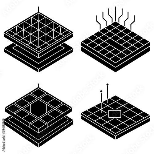 Isometric diagrams of layered platforms with grid patterns and electronic components in black and white style