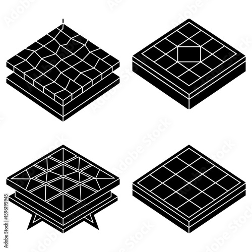 Isometric representations of layered platforms with grid patterns in black and white design style