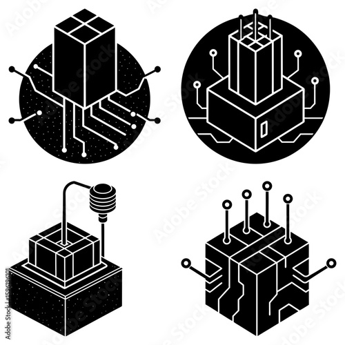 Four isometric illustrations of black and white computer processors and circuit boards on a white background