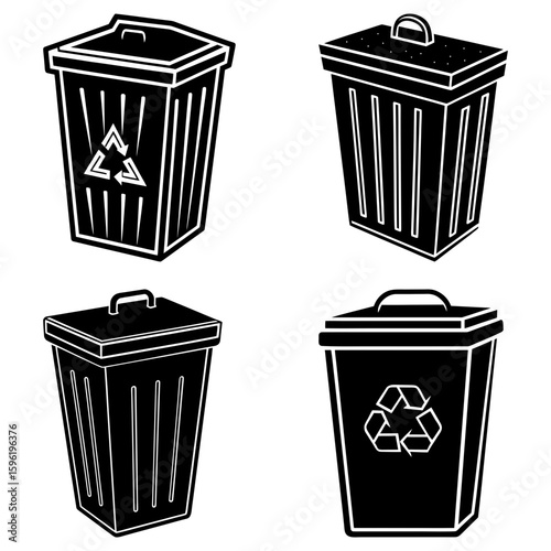 Four different black and white trash cans with lids and recycle symbols in varying perspectives