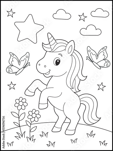 Adorable Unicorn Coloring Page. Kid-Friendly Fantasy Animal Illustration for Relaxing and Educational Activities