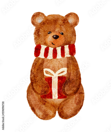 Cute Christmas bear with gift and red scarf isolated on white background, watercolor painting. Vector illustration