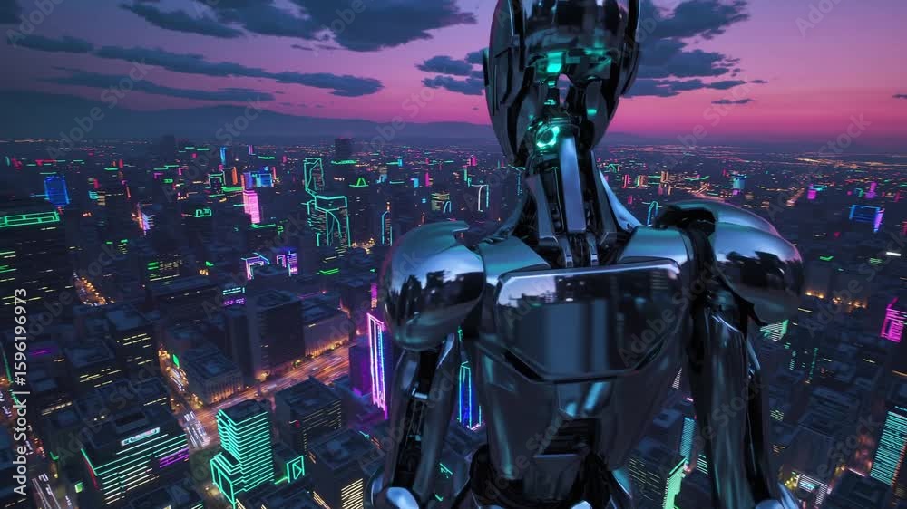 Futuristic Robot Overlooking Metropolis at Night Vibrant Cityscape, Perfect for HighEnergy Campaigns, Inspires Awe and Wonder.
