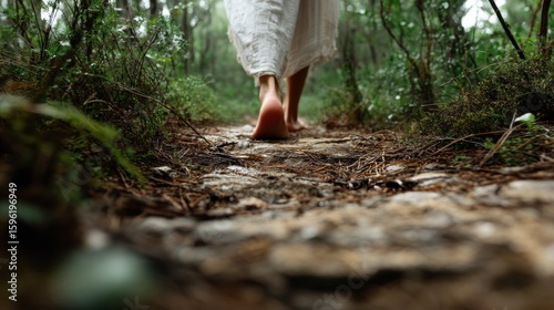 Person walking on a dirt path in a forest. the person is wearing a white dress and their bare feet are visible.