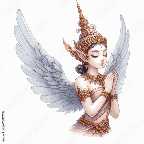 Guardian Veil: Thai angels isolated watercolor vector illustration svg