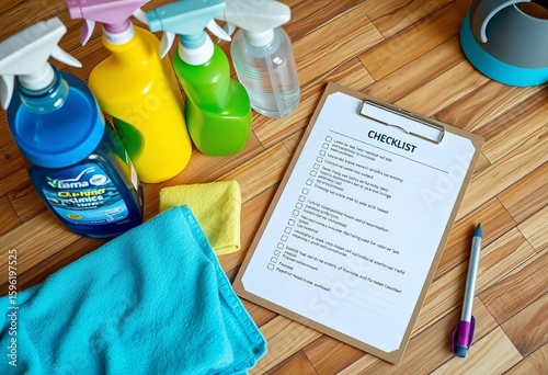 Close-up of a checklist on a clipboard, next to cleaning supplies on a hardwood floor,   house,  checklist template