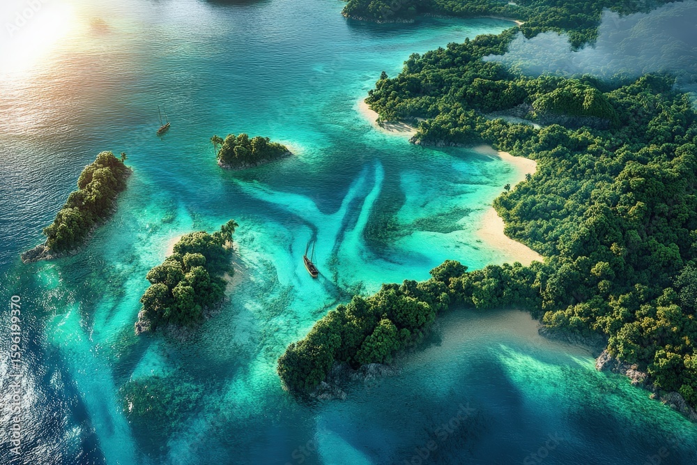 Obraz premium Lush tropical islands and vibrant turquoise water.