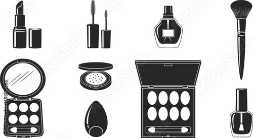 Collection of beauty and cosmetic tools, including a makeup brush set, lipstick, and nail polish, isolated on a white background