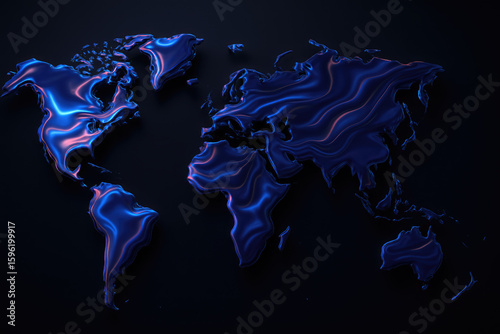 A map of the world made of dark liquid metal on a dark background