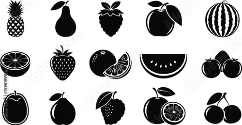 Assorted fruit, berry, and vegetable icons: a vibrant vegetarian symbol set featuring apple, strawberry, pear, lemon, cherry, banana, pineapple, and orange designs