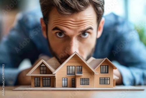 Young businessman or architect with a model of a house in the office, planning and conceptualizing future architectural projects, Generative AI