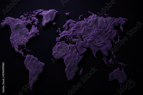 A map of the world made of purple waves on a dark background