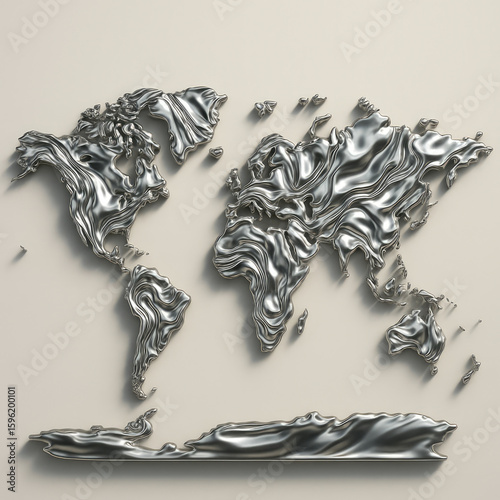 Map of the world made of liquid chrome