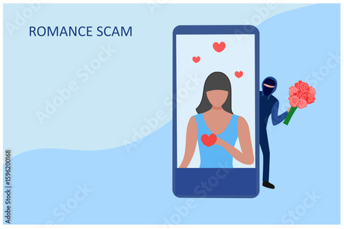 Romance scam, online dating scam, cyber crime concept, woman in love with scammer, hacker chatting online vector illustration