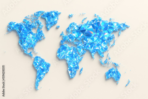 A map of the world made of sparkling faceted crystals