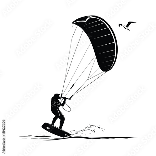 kitesurfing silhouette vector of man riding surfboard with parachute on sea extreme water sport black and white illustration