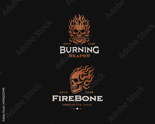angry skull head with fire element logo template for biker or sport brand