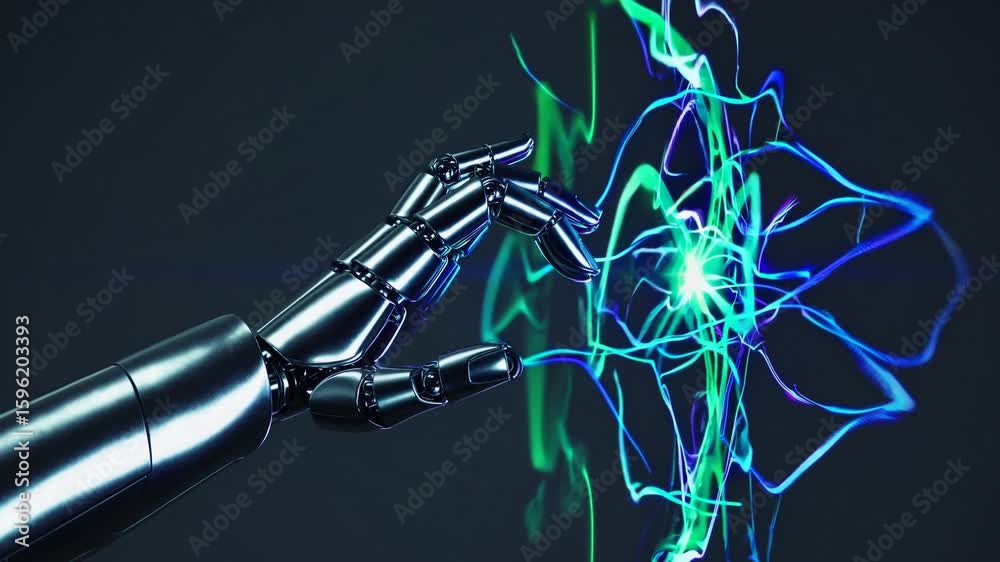 Closeup of a Robotic Hand with Glowing Green Light, Ideal for Futuristic and Techfocused Projects Inspires Curiosity and Awe.