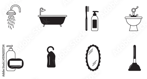 Black and white bathroom icons representing shower bathtub toothbrush sink and accessories