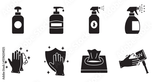 Black and white vector icons of cleaning and sanitizing products and procedures