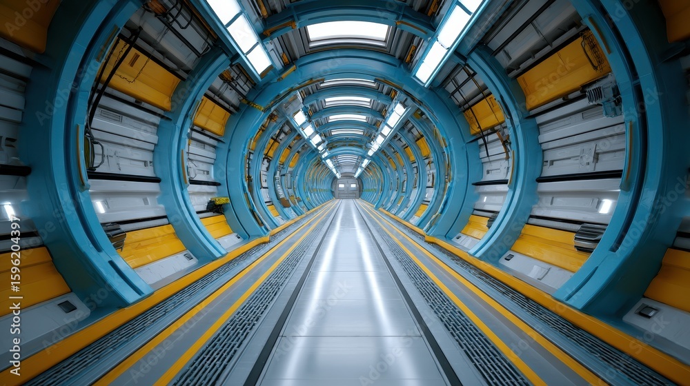 Obraz premium Maintenance Walkway in Space Station with Glowing Wires