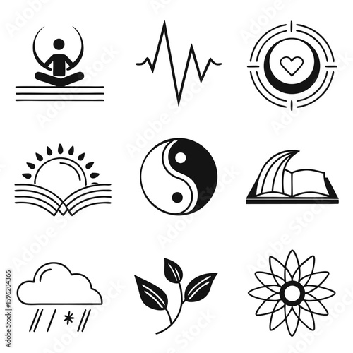 Collection of various wellness and mindfulness icons, representing balance and health 