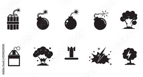 Collection of black and white bomb and explosion icons for graphic design and illustration