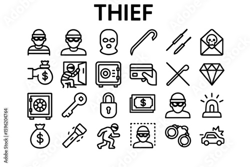 A collection of solid black icons for thieves, crime, and security