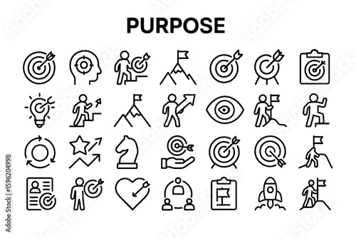 A collection of solid black icons for purpose, goals, and missions