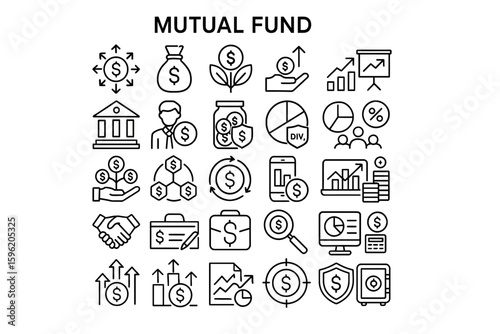 A collection of solid black icons for mutual funds and finance