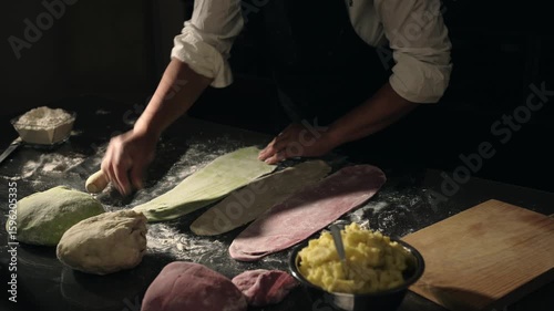 Expert hands craft fresh homemade Italian pasta dough in vibrant green, white, and red, representing the Italian flag. This traditional process highlights authentic Italian culture and culinary skill