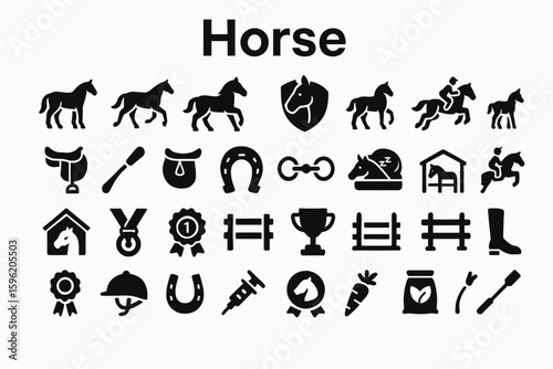 A collection of solid black icons for horses, animals, and equestrian