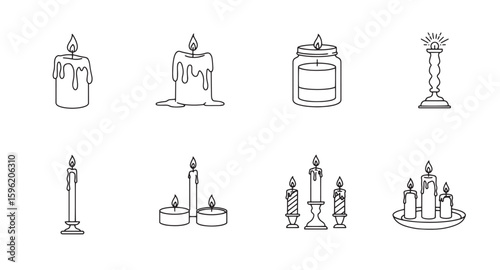 Collection of various burning candles outlined in a minimalist style for design and decoration