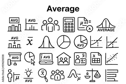 A collection of solid black icons for average, metrics, and data analysis