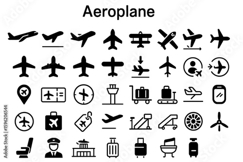 A collection of solid black icons for aeroplanes, travel, and aviation