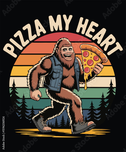 A humorous illustration of Bigfoot, a mythical creature, holding a slice of pizza