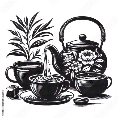 Black and white illustration of a teapot pouring tea into a cup with floral decorations and sugar