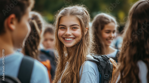 students happily greeting each other on the first day of school