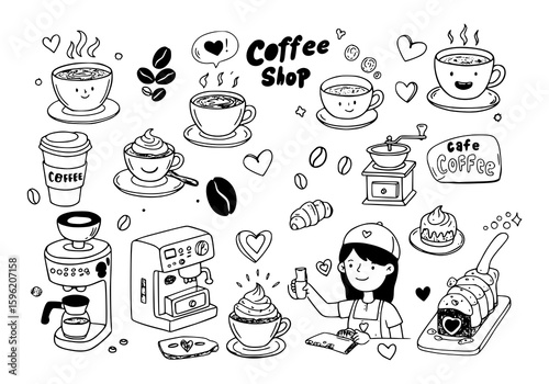 Doodle style coffee shop design with coffee cups, coffee beans and coffee shop worker