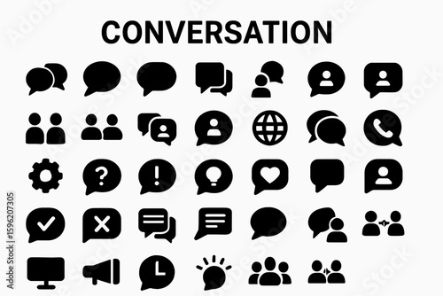 A collection of solid black icons for conversation, chat, and communication