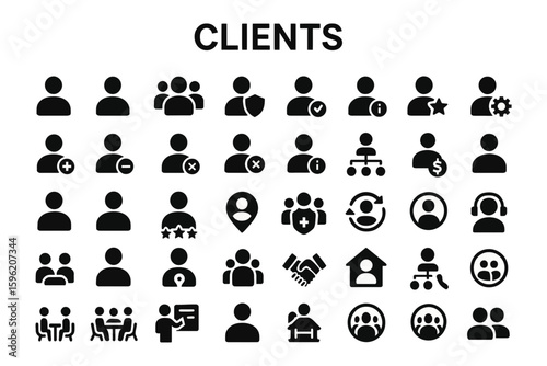 A collection of solid black icons for clients, customers, and users