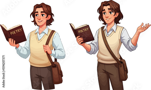Illustration of a young male student character holding and reciting a poetry book