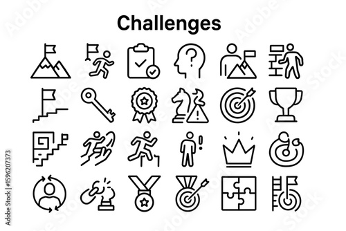 A collection of solid black icons for business challenges and solutions
