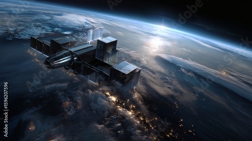 An advanced satellite with retractable modules and reflective titanium surfaces, seen passing over the Pacific Ocean during Earth's twilight phase, with soft light creating highlights and realistic 